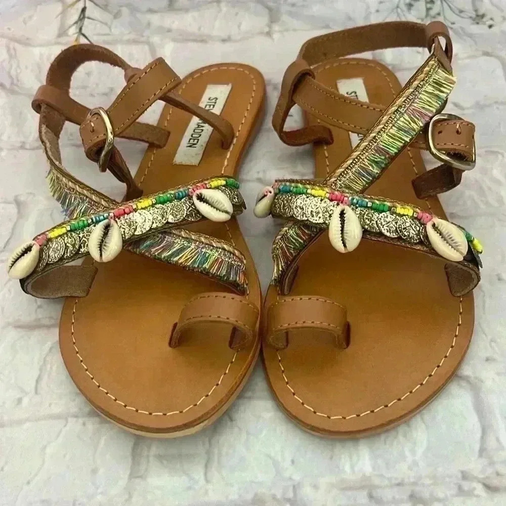 Steve Madden Rowan Neon Rainbow Leather Sandals with Puka Shells